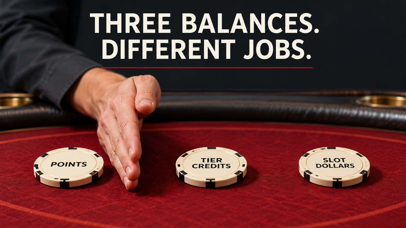 Conceptual illustration: three separate counters labeled POINTS, TIER CREDITS and SLOT DOLLARS sit on red felt while an anonymous adult hand keeps them apart; this is not an official MGM interface.