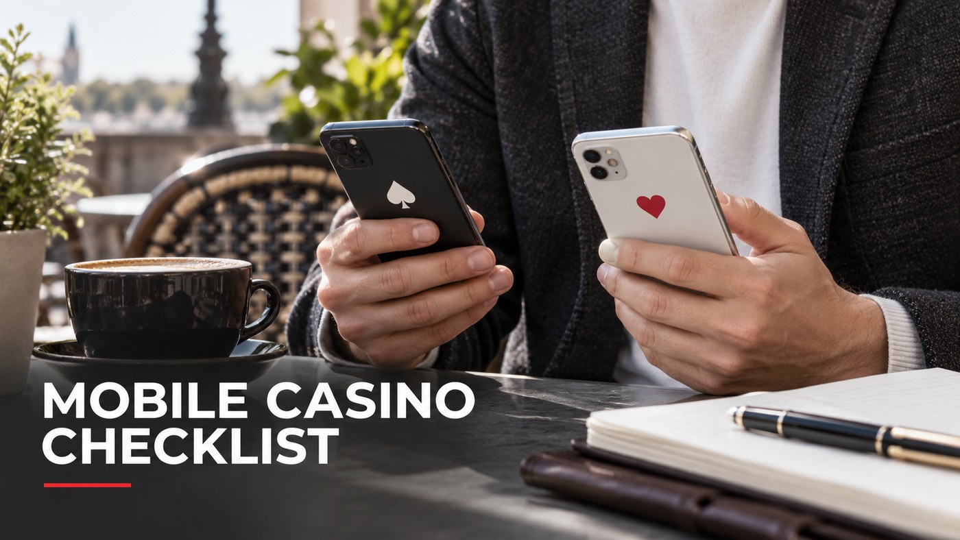 Conceptual editorial illustration: One anonymous adult at an outdoor cafe comparing two unbranded phones with simple casino card icons, just hands and torso, clear morning daylight, candid and grounded, no promotional sums.
