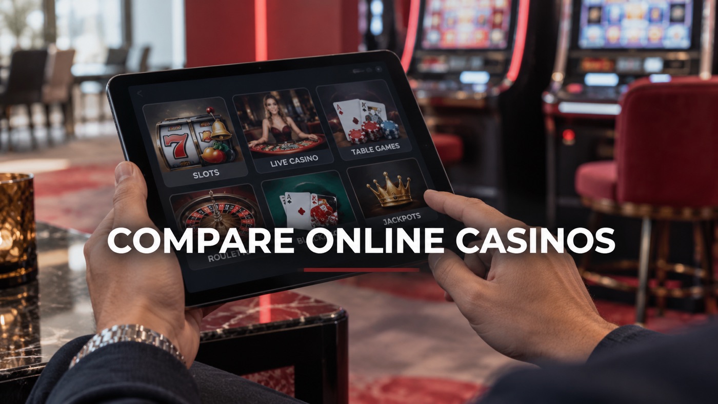 Conceptual editorial illustration: Close-up adult hand holding an unbranded tablet displaying abstract casino game categories, gaming machines in background, no people in full view, no ratings or invented offers.