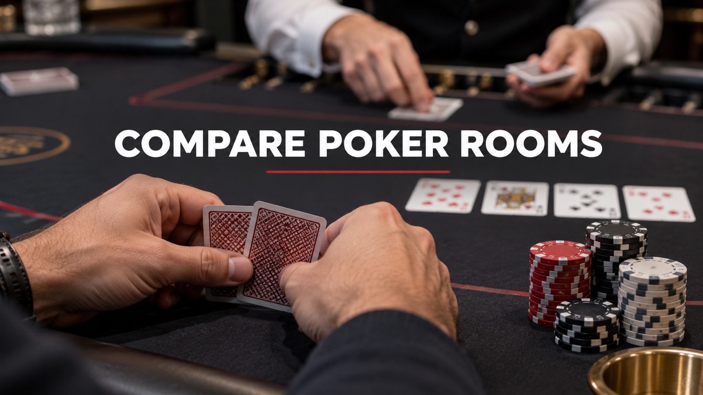 Conceptual editorial illustration: Tight close-up of an adult poker player's hands holding two card backs at a table with clear neutral chip stacks; another dealer's hands in distance only, no crowded room.