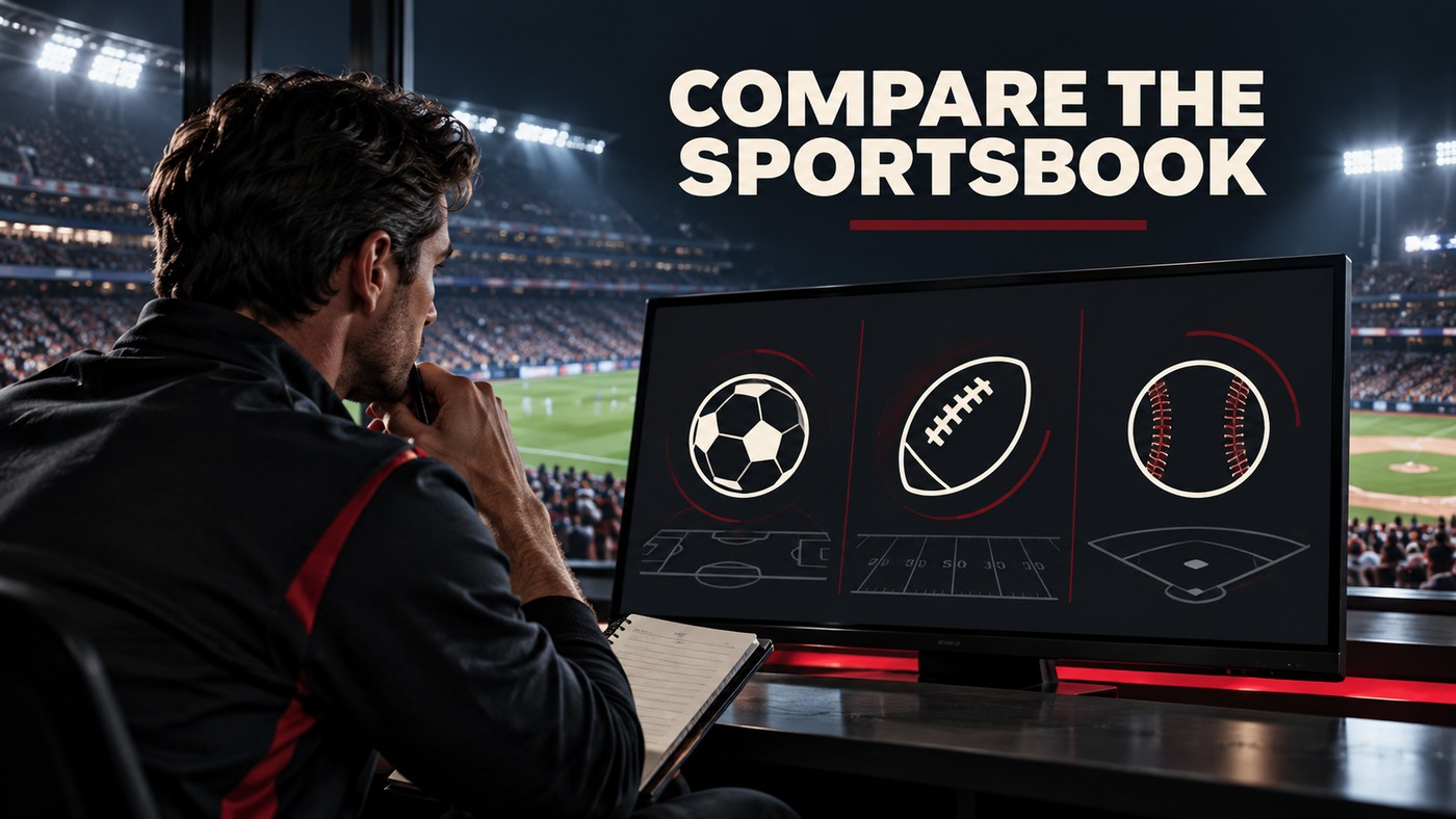Conceptual illustration of one anonymous adult analyst looking at football, baseball and soccer symbols on an unbranded screen.