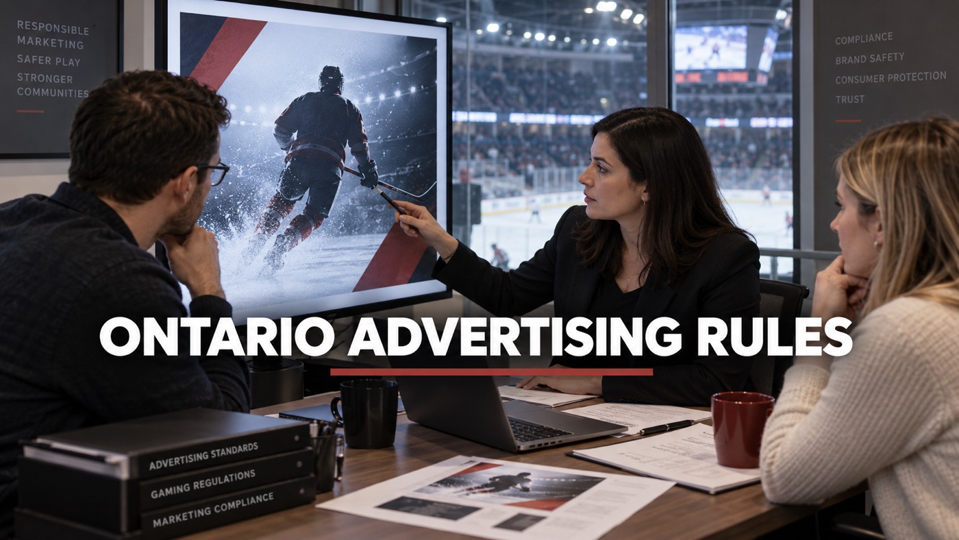 AI-generated conceptual illustration by Casino Education. People, setting and activity are illustrative; this is not a photograph of the actual named subjects or event. Conceptual editorial illustration: Adult marketing compliance team examining an unbranded sports advertisement with an anonymous adult athlete silhouette, hockey arena visible behind glass, no actual athlete likeness.