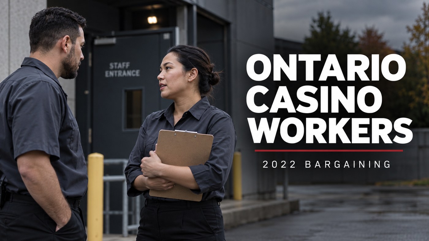 Conceptual editorial illustration: Two anonymous adult casino workers in ordinary uniform shirts, outdoors by an unbranded casino service entrance, one holds a plain clipboard, candid side profile conversation; no protest slogan, no claim this is a photo of actual union members, no more than two people