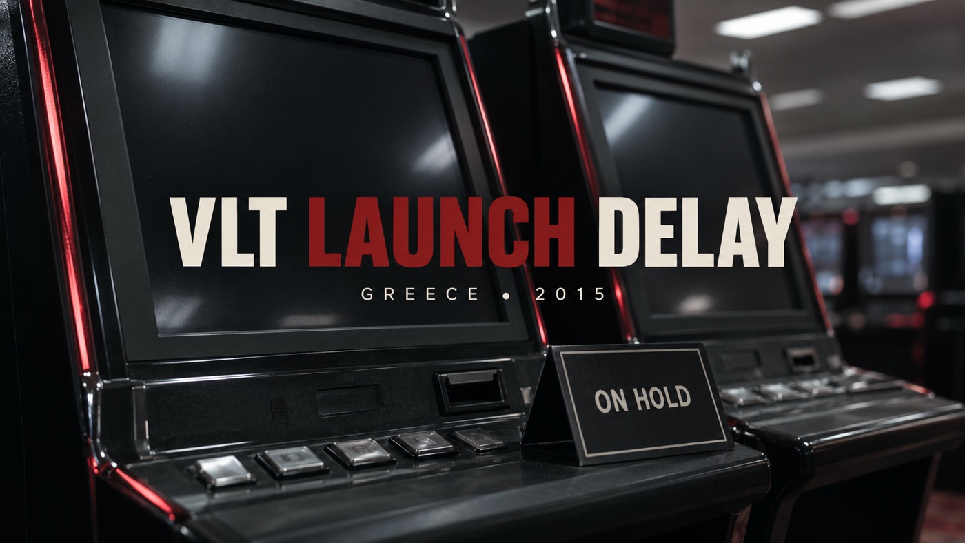 Conceptual editorial illustration: Two generic inactive video lottery terminals and an ON HOLD sign; not an actual Greek venue.