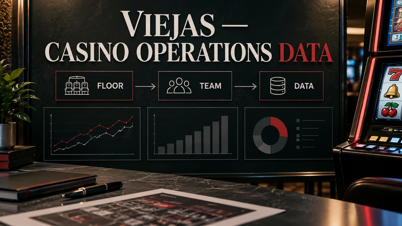 AI-generated conceptual illustration by Casino Education. People, settings and objects are illustrative; this is not a photograph of the actual named subjects, venue or event. Unlabelled charts are illustrative schematics, not measured performance or company financial data. AI-generated conceptual illustration: A technical board links floor, team and data labels beside an unbranded slot-machine cabinet; not an actual OPTX product screen or Viejas installation. Unlabelled charts are illustrative schematics, not measured performance or company financial data.