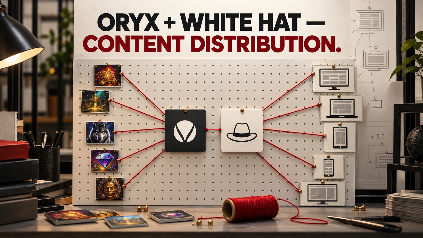 AI-generated conceptual illustration by Casino Education. People, settings and objects are illustrative; this is not a photograph of the actual named subjects, venue or event. AI-generated conceptual illustration: A physical pegboard connects fictional slot-game tiles and display outlines using red thread; not an actual Oryx or White Hat platform diagram or licence record.