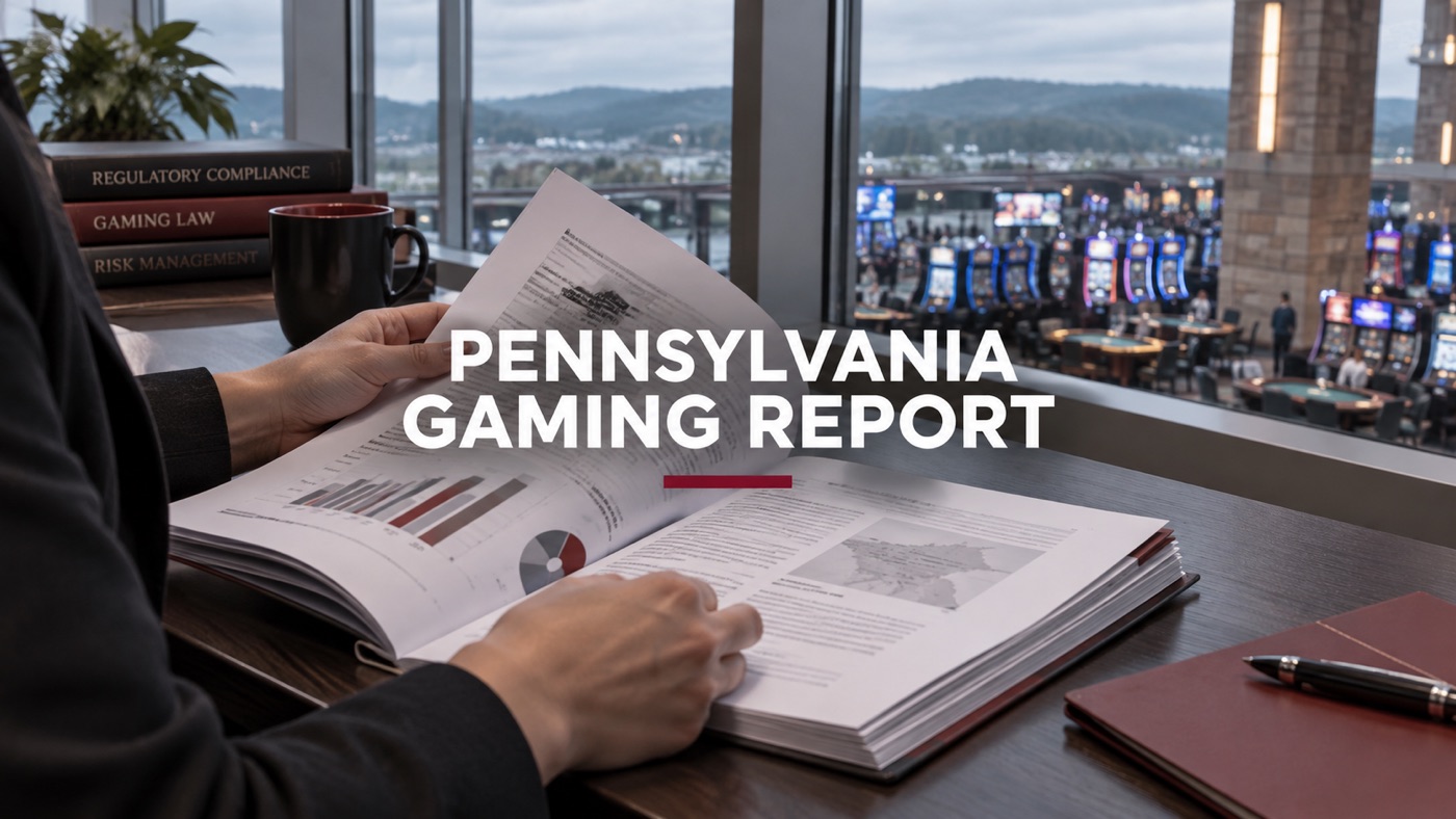 AI-generated conceptual illustration by Casino Education. People, setting and activity are illustrative; this is not a photograph of the actual named subjects or event. Conceptual editorial illustration: Close anonymous adult compliance analyst's hands opening a thick report beside a window overlooking a visible gaming floor; report pages abstract illegible, no full faces.