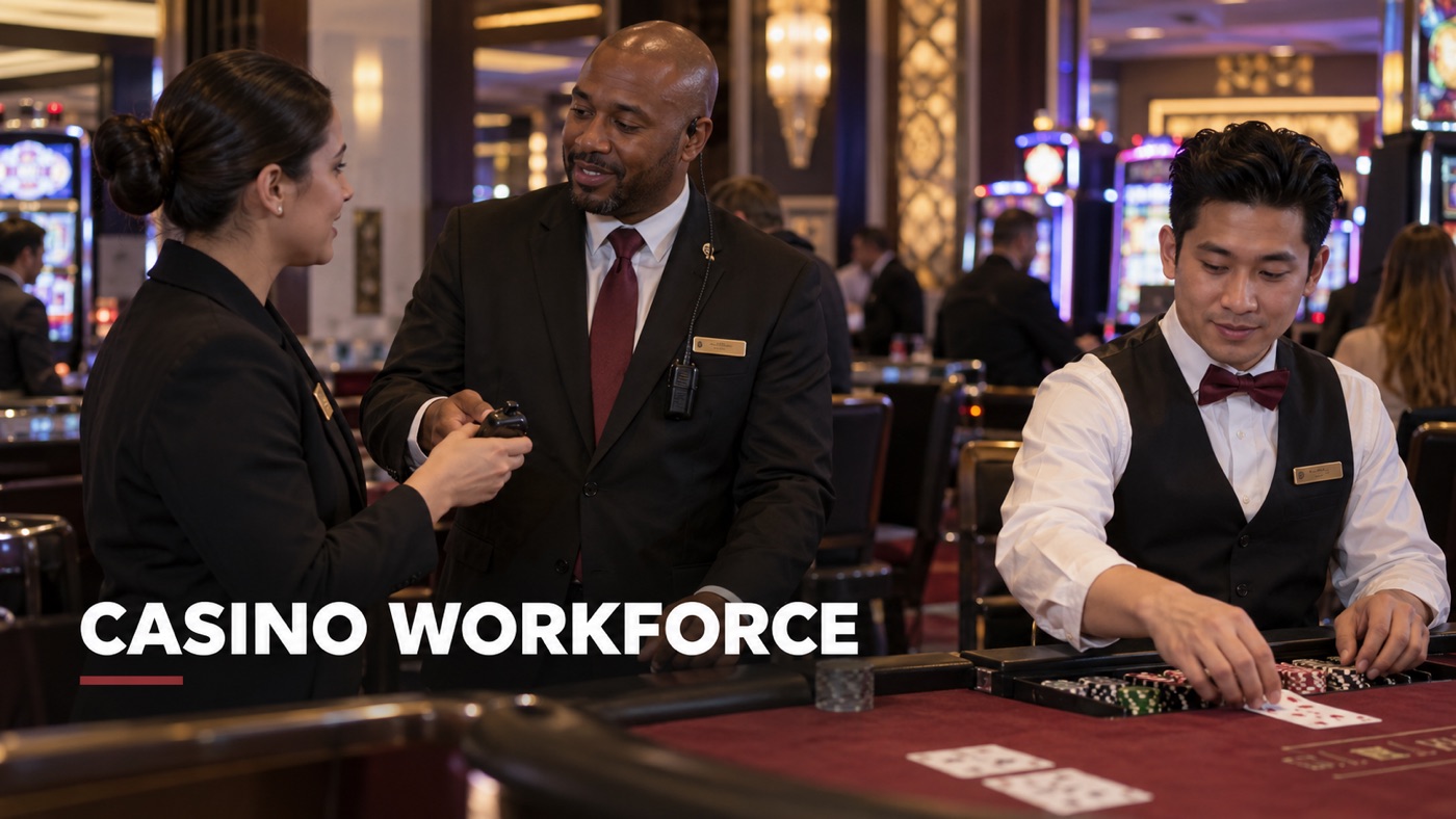 AI-generated conceptual illustration by Casino Education. People, setting and activity are illustrative; this is not a photograph of the actual named subjects or event. Conceptual editorial illustration: Candid diverse team of adult casino employees, a dealer behind a card table and two floor staff exchanging a practical handover, authentic gaming-floor context.