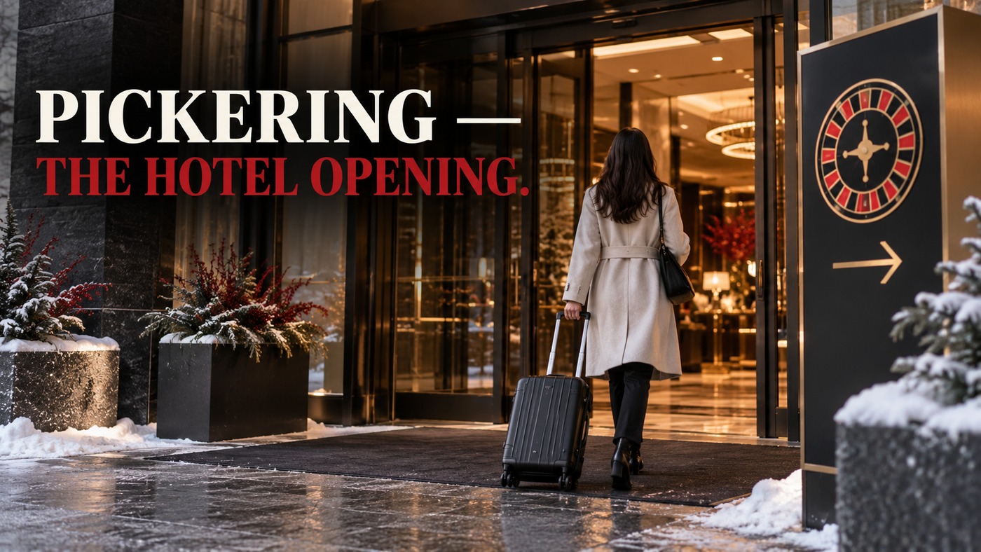 AI-generated conceptual illustration by Casino Education. People, settings and objects are illustrative; this is not a photograph of the actual named subjects, venue or event. AI-generated conceptual illustration: An anonymous adult traveler approaches a generic hotel entrance with casino wayfinding; not the actual Pickering hotel, opening ceremony or a guest photograph.