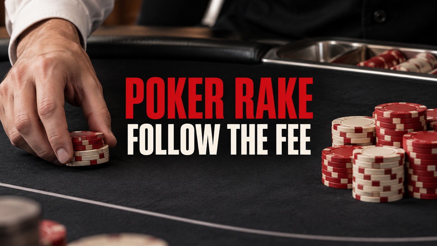 Conceptual editorial illustration: An adult dealer hand separates a small fee stack from a larger poker pot on charcoal felt.