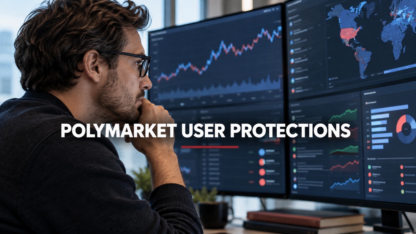 Conceptual editorial illustration: Close single anonymous adult analyst in side profile scrutinising a large unbranded prediction-market display, screens dominate and have no readable fabricated numbers.