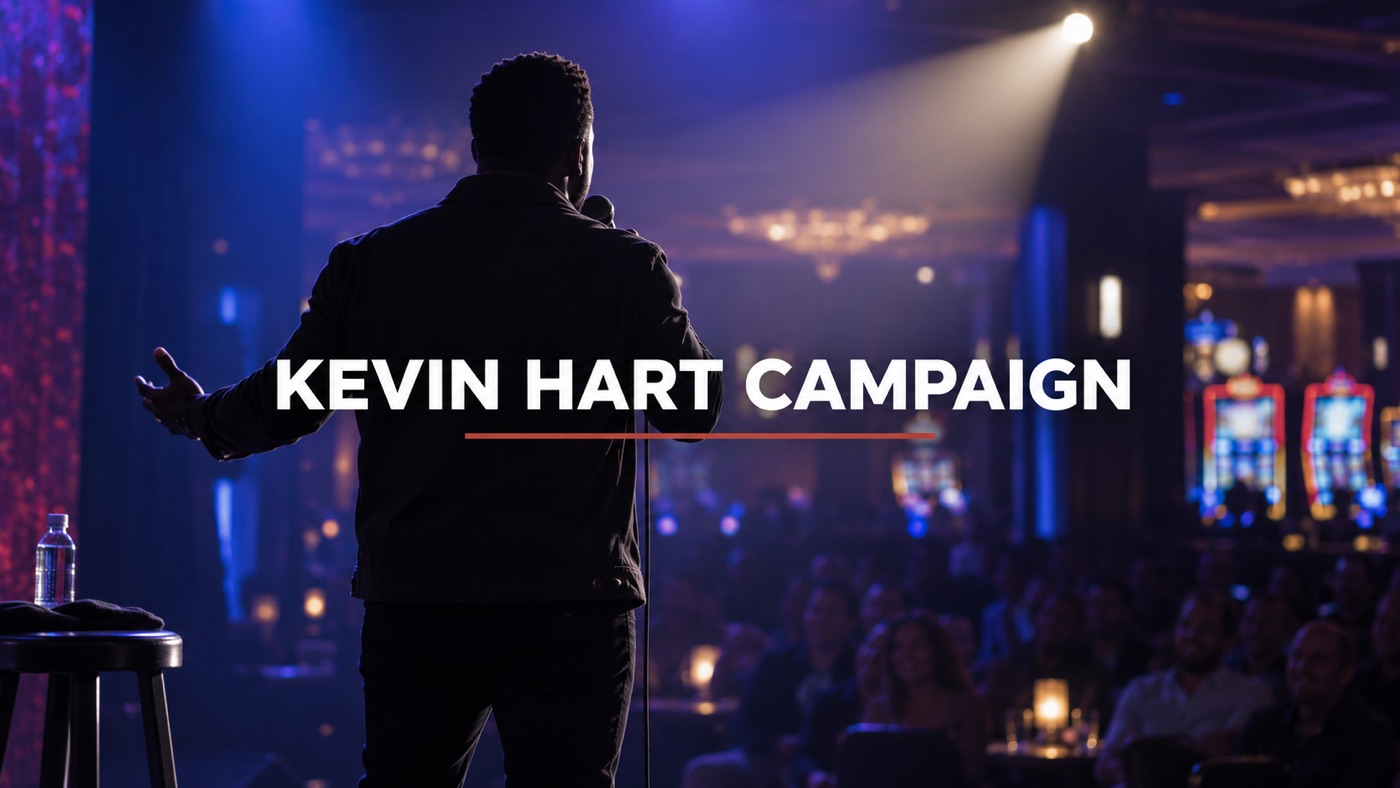 Conceptual editorial illustration: Single anonymous adult stage performer viewed as a silhouette from behind with a microphone, sparse adult audience as distant blurred context; casino entertainment show, not Kevin Hart portrait.