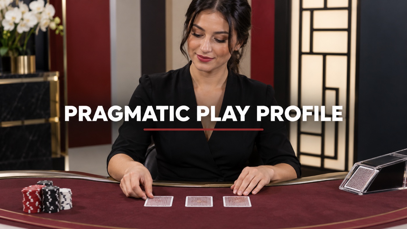 Conceptual editorial illustration: One anonymous professional adult live dealer at a crisp unbranded studio table, three face-down cards and restrained chip stack, close waist-up crop, no crowd.