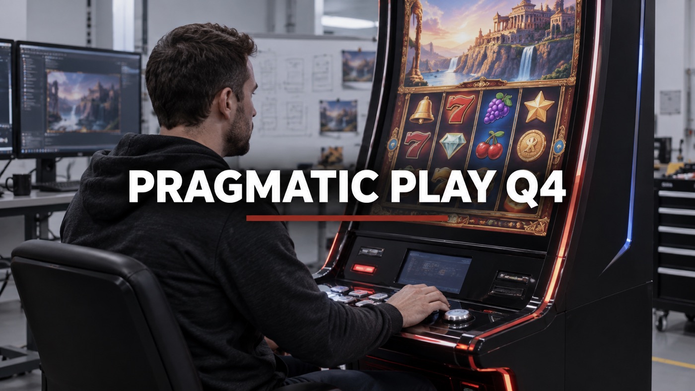Conceptual editorial illustration: One anonymous adult game developer seated in side profile testing a large unbranded slot machine prototype, actual game cabinet dominates shot, no crowd.