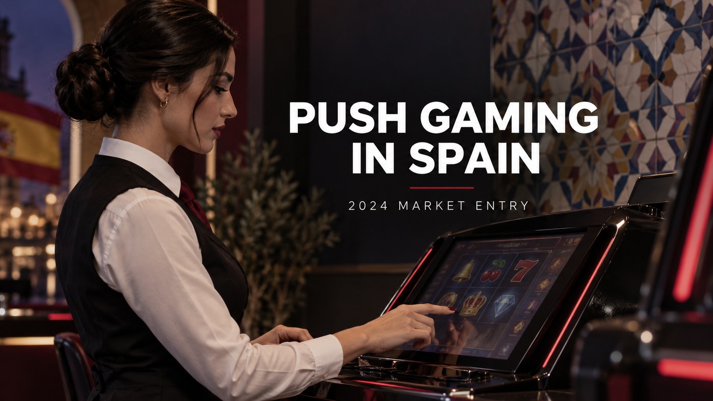 Conceptual editorial illustration: One anonymous adult female casino dealer in profile demonstrating an unbranded modern gaming terminal; terminal and hands in sharp focus, subtly Spanish tiled geometric wall background; avoid staged meeting and furniture catalogue, never depict a real named employee