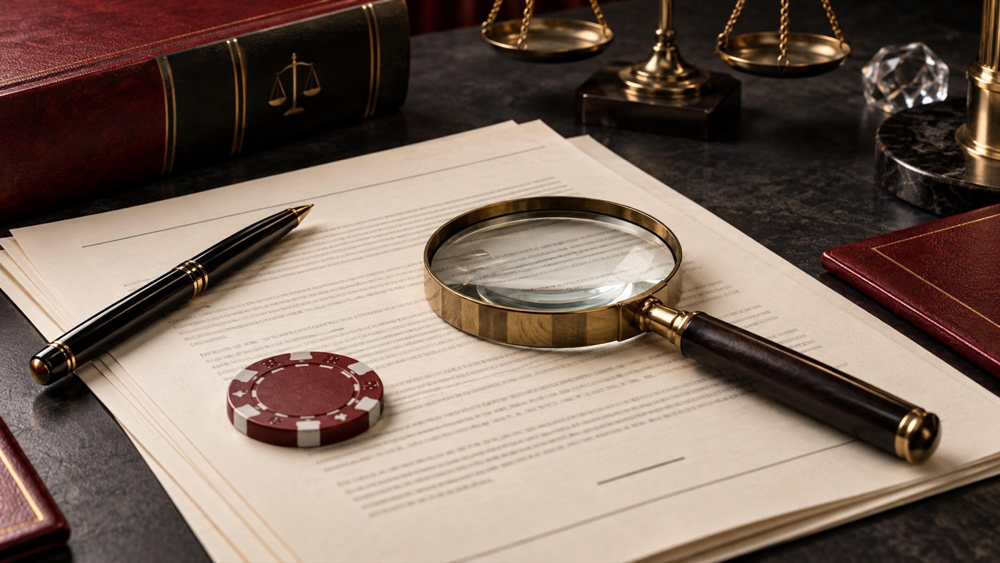 Conceptual editorial desk with documents, a pen, a magnifying glass and a red casino chip.