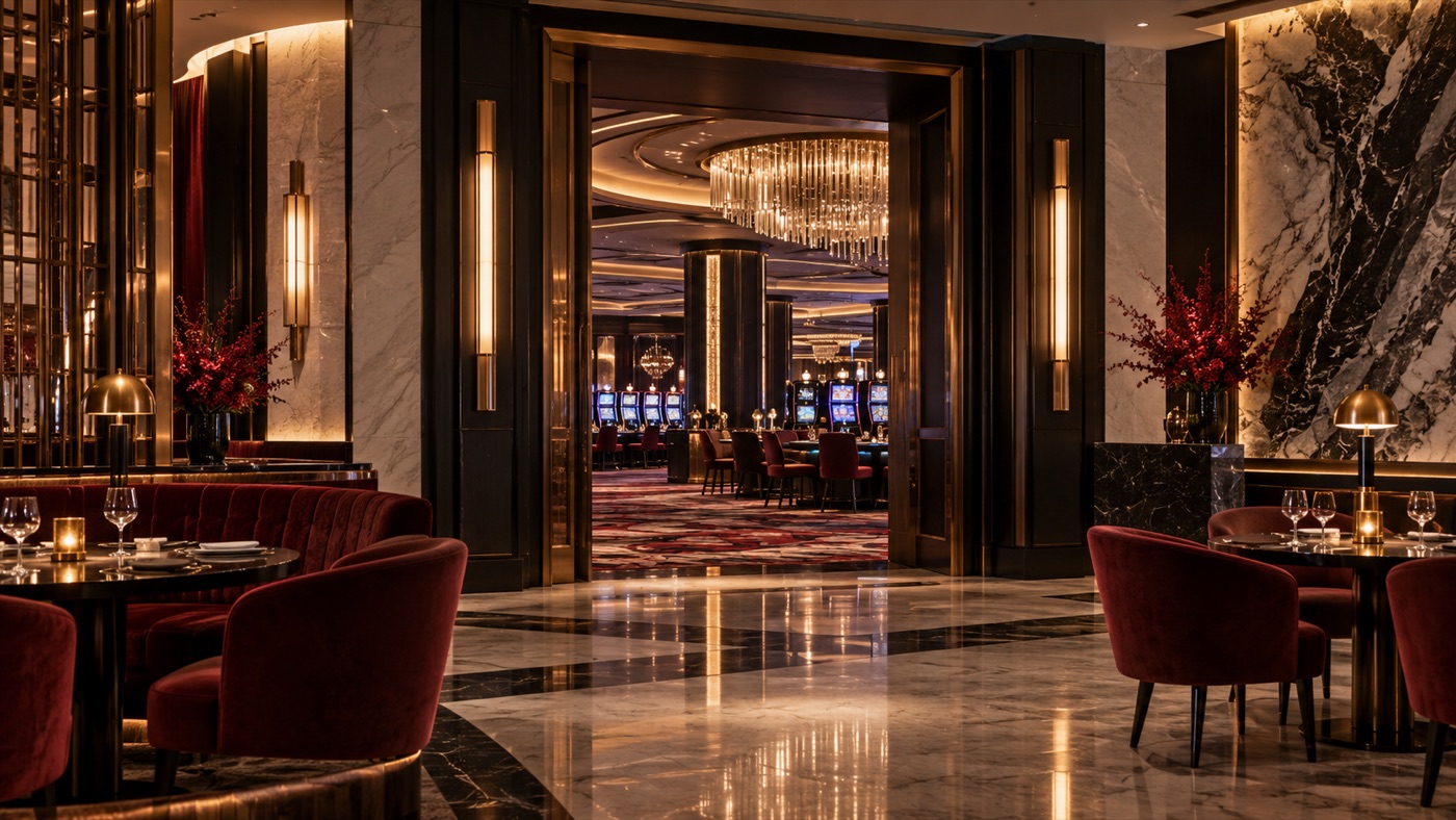Conceptual restaurant entrance with a red carpet, dark wood and warm brass lighting.