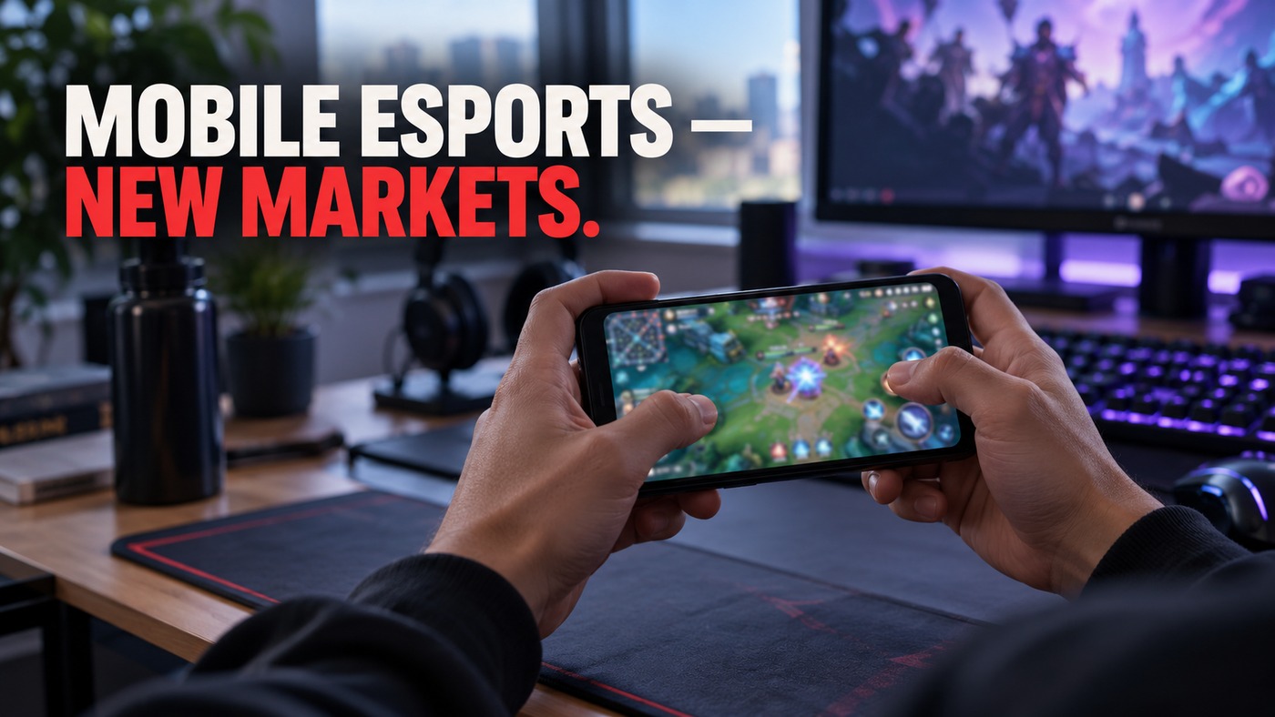 AI-generated conceptual illustration by Casino Education. People, settings and objects are illustrative; this is not a photograph of the actual named subjects, venue or event. AI-generated conceptual illustration: Anonymous adult hands hold a phone showing a fictional competitive arena game; not an actual Rivalry interface, named player or commercial game screenshot.