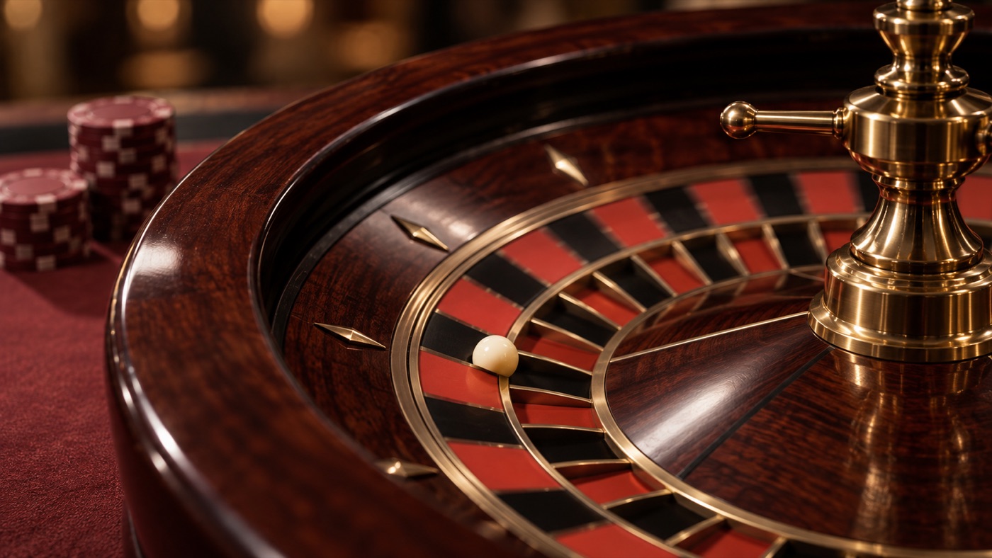 Conceptual roulette wheel detail with red and black pockets, a brass spindle and an ivory ball; not a rules diagram.