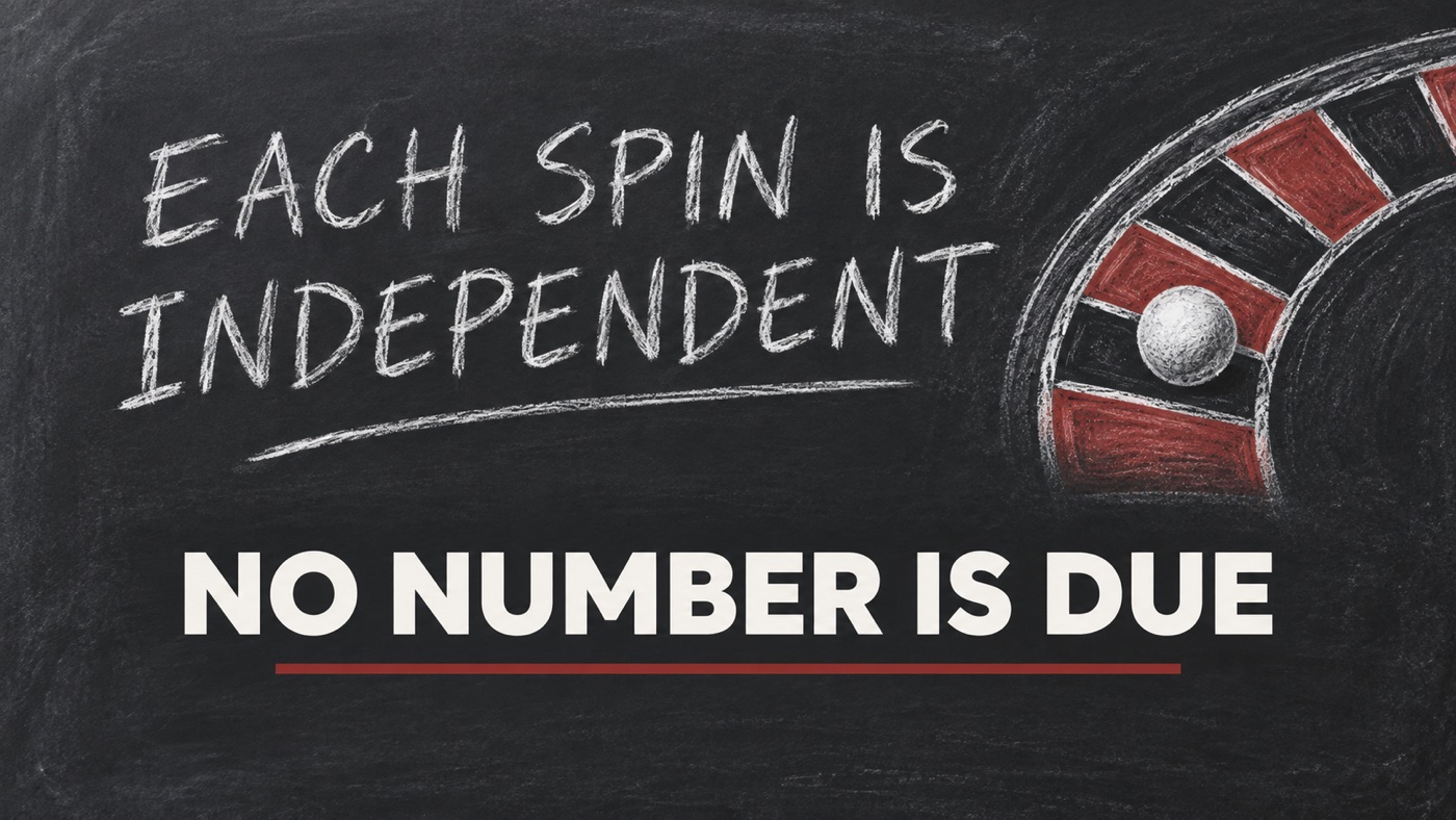 Conceptual editorial illustration: A clean charcoal classroom chalkboard, no people, large elegant white chalk words 'EACH SPIN IS INDEPENDENT' and a small stylized roulette ball and red-black pocket motif at the side; avoid fake statistics.
