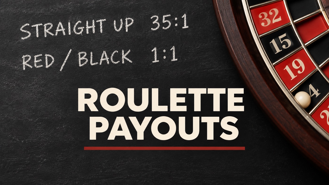 Conceptual editorial illustration: A close matte chalkboard with two exact white chalk lines 'STRAIGHT UP 35:1' and 'RED / BLACK 1:1', an understated red-black roulette pocket detail at the edge; no people.