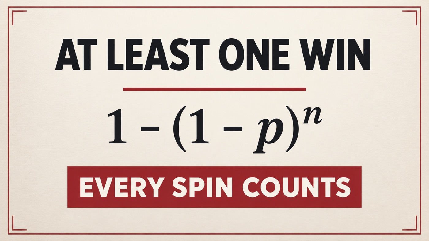 Conceptual editorial illustration: An ivory teaching board with exact large black lettering 'AT LEAST ONE WIN' and underneath '1 - (1 - p)^n', a minimal red underline, no people or furniture.