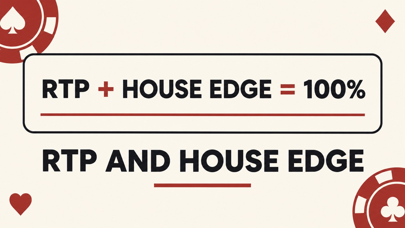 AI-generated conceptual illustration by Casino Education. People, setting and activity are illustrative; this is not a photograph of the actual named subjects or event. Conceptual editorial illustration: An ivory teaching board with exact equation 'RTP + HOUSE EDGE = 100%' in neat black lettering and a slim red underline; flat composition, no people.