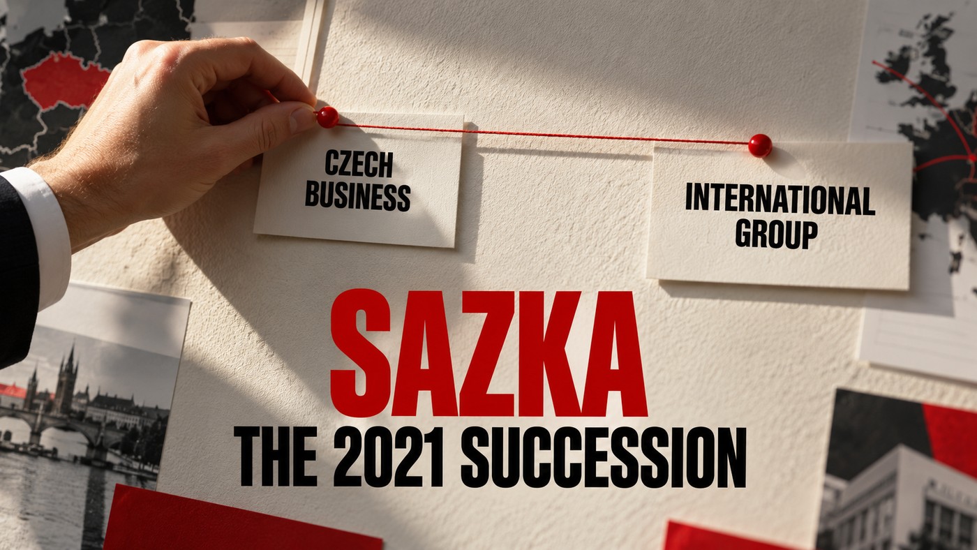 AI-generated conceptual illustration by Casino Education. People, settings and objects are illustrative; this is not a photograph of the actual named subjects, venue or event. Conceptual editorial illustration: Paper cards distinguish the Czech business from an international group; an anonymous hand pins a card, with no executive portrait.