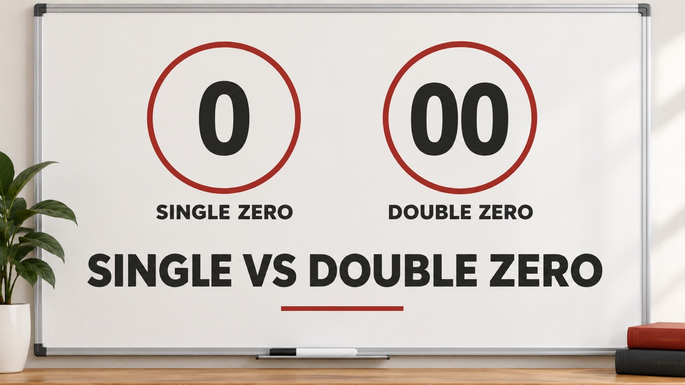 Conceptual editorial illustration: An ivory classroom whiteboard with a clear simple comparison '0' and '00' inside separate red-outlined circles, below them exact labels 'SINGLE ZERO' and 'DOUBLE ZERO'; no fabricated whole roulette wheel layout.