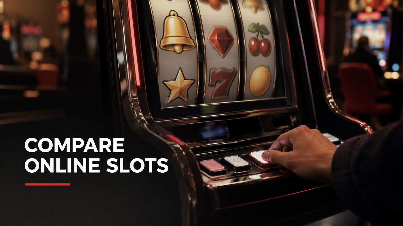 Conceptual editorial illustration: Close-up of a realistic unbranded video-slot cabinet with abstract non-numeric reel symbols, one anonymous adult player's hand operating a button, restrained red accents, low practical gaming floor light.