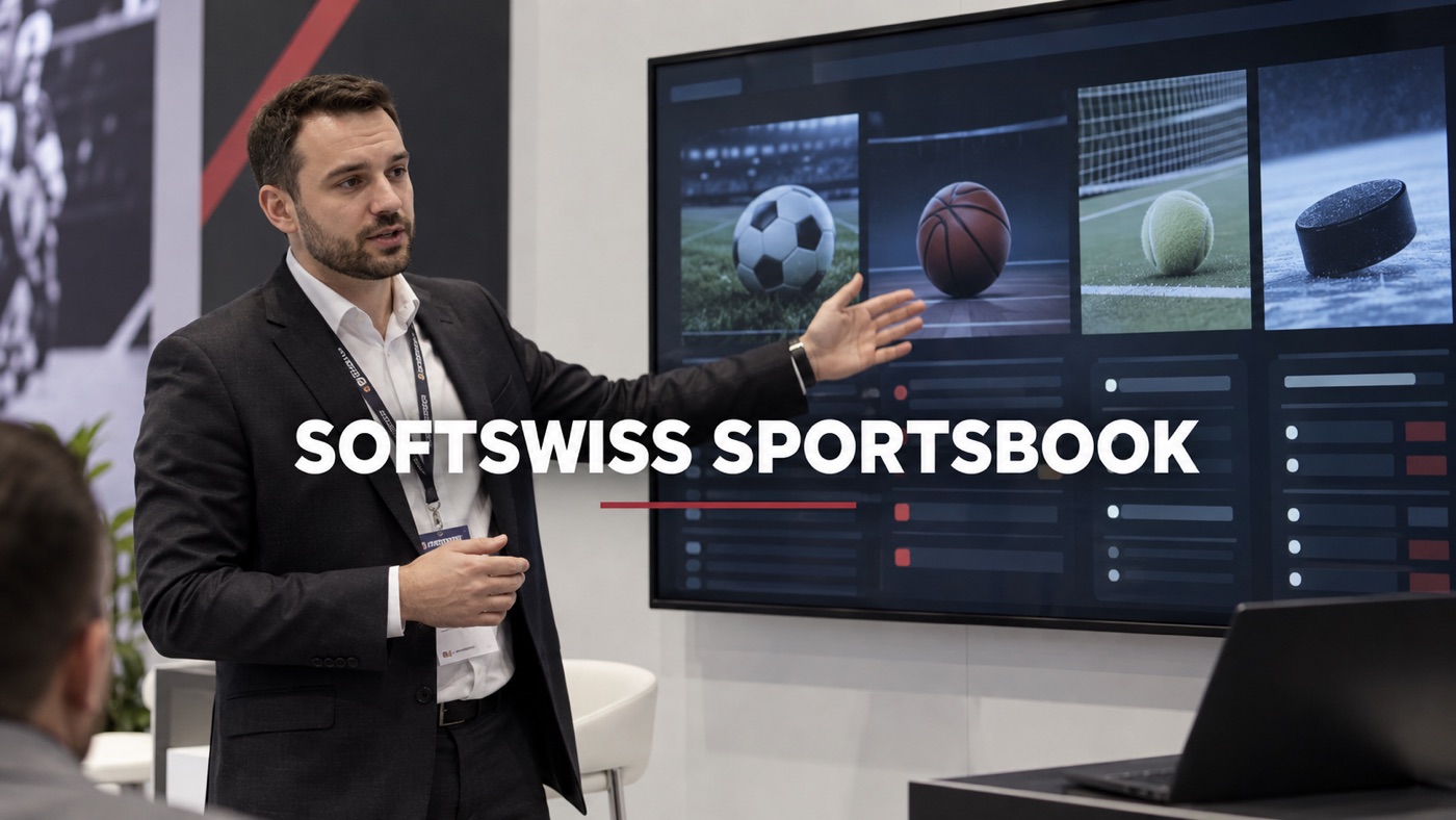 Conceptual editorial illustration: Single adult sportsbook software presenter standing by an unbranded large demo screen with abstract sports icons, 2020-style conference setting, no crowd or fabricated odds.