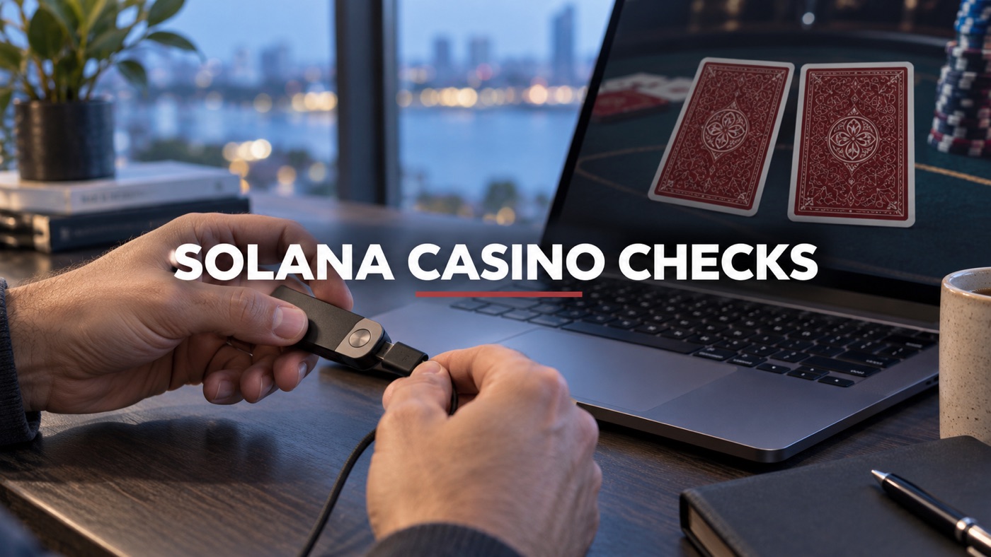Conceptual editorial illustration: Close-up anonymous adult hands connecting an unbranded hardware wallet to a laptop, screen shows abstract casino card backs; no face, no invented SOL logo.