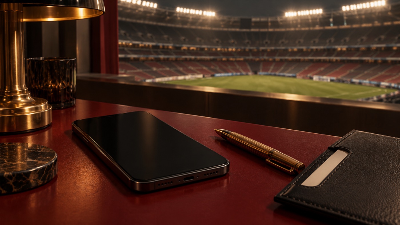 Conceptual switched-off smartphone on a red table with an empty stadium in the background.