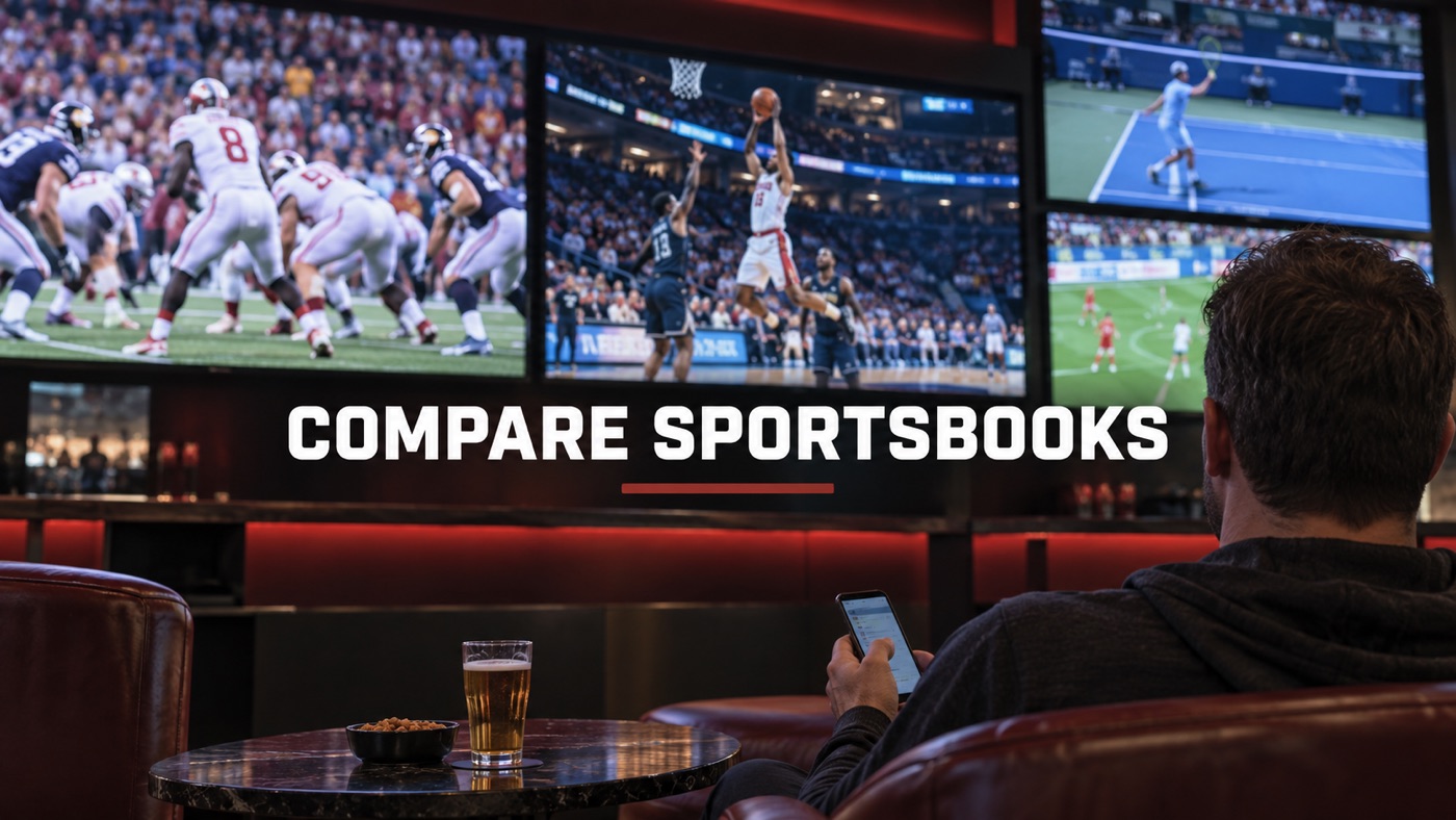 Conceptual editorial illustration: Wide sports viewing wall with multiple abstract unbranded match screens, a single adult fan from behind in lower right holding a neutral phone, no fabricated odds.