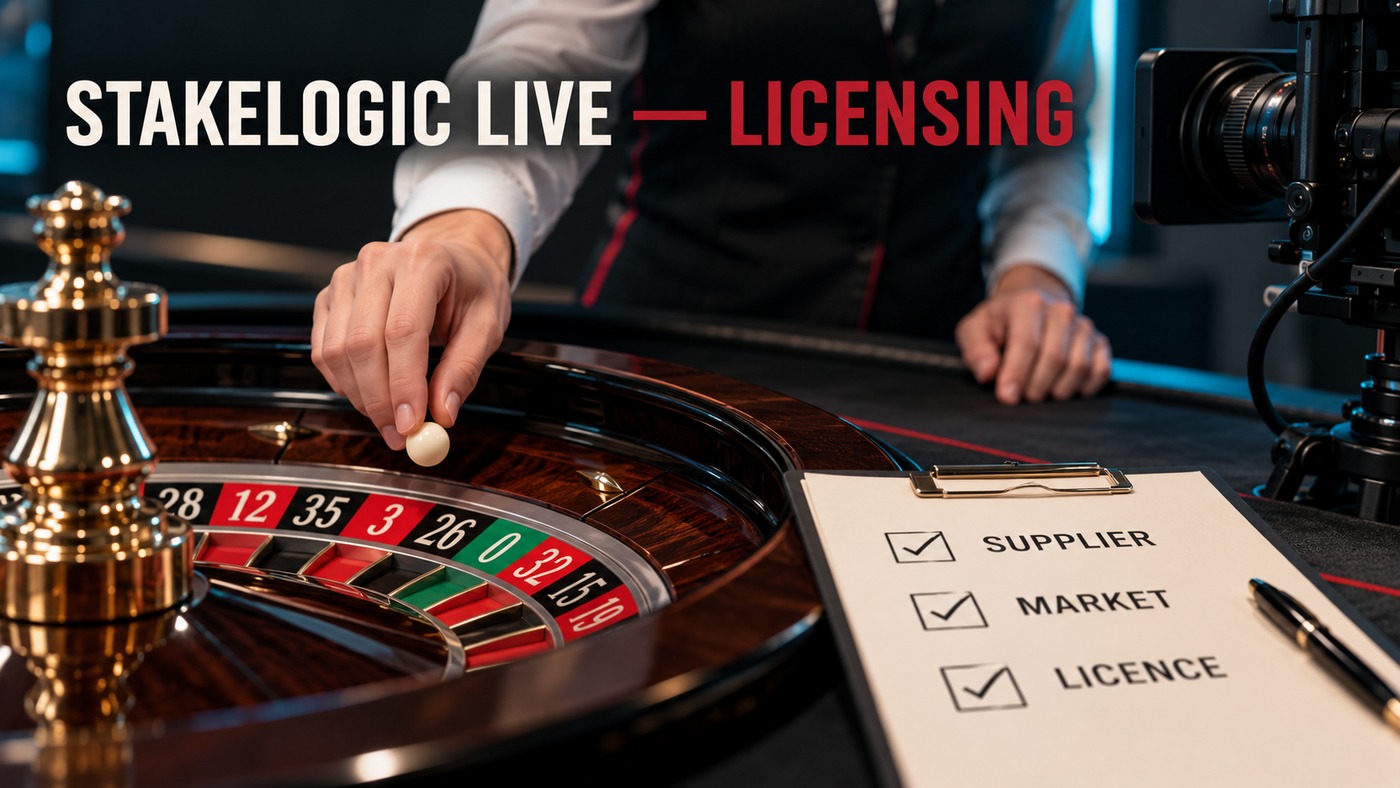 AI-generated conceptual illustration by Casino Education. People, settings and objects are illustrative; this is not a photograph of the actual named subjects, venue or event. AI-generated conceptual illustration: Anonymous adult dealer hands, an unbranded roulette wheel and camera rig accompany a supplier-market-licence checklist; not a genuine Stakelogic studio, regulatory document or licence.
