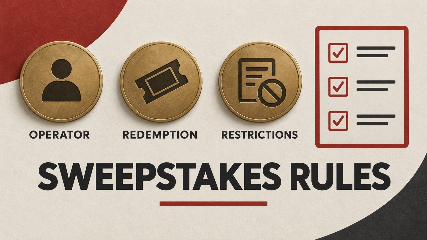 Conceptual editorial illustration: Ivory and charcoal graphic with three abstract brass tokens, a red-outlined checklist, exact labels 'OPERATOR', 'REDEMPTION', 'RESTRICTIONS', no advertising promise.