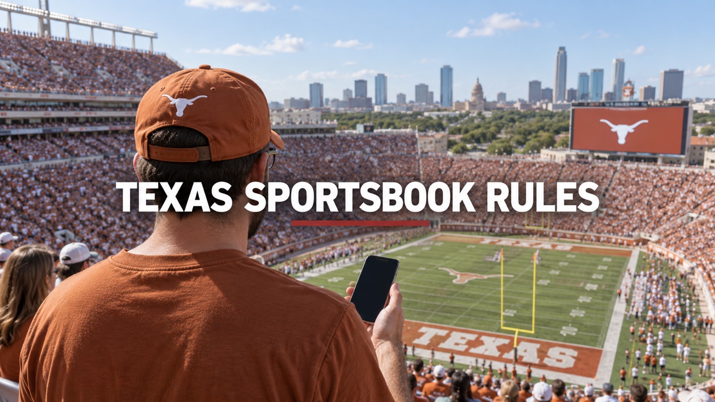 Conceptual editorial illustration: A single adult fan seen from behind in a Texas-style football stadium, foreground phone screen switched off, huge field and stands dominate.