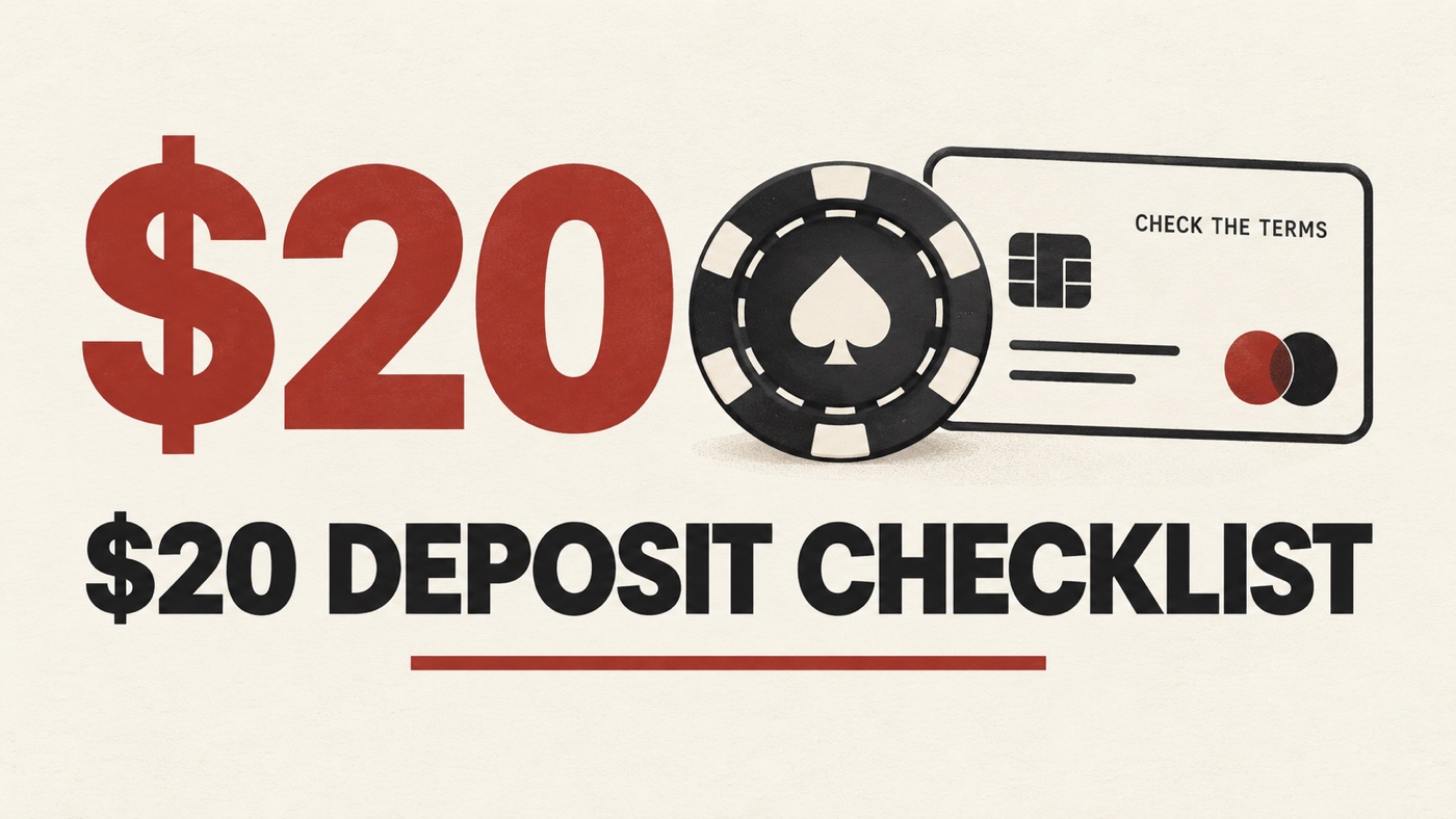 Conceptual editorial illustration: Minimal ivory editorial poster with exact large '$20' in oxblood red, dark casino chip and a bank-card outline, small exact label 'CHECK THE TERMS', no offer or bonus claim.