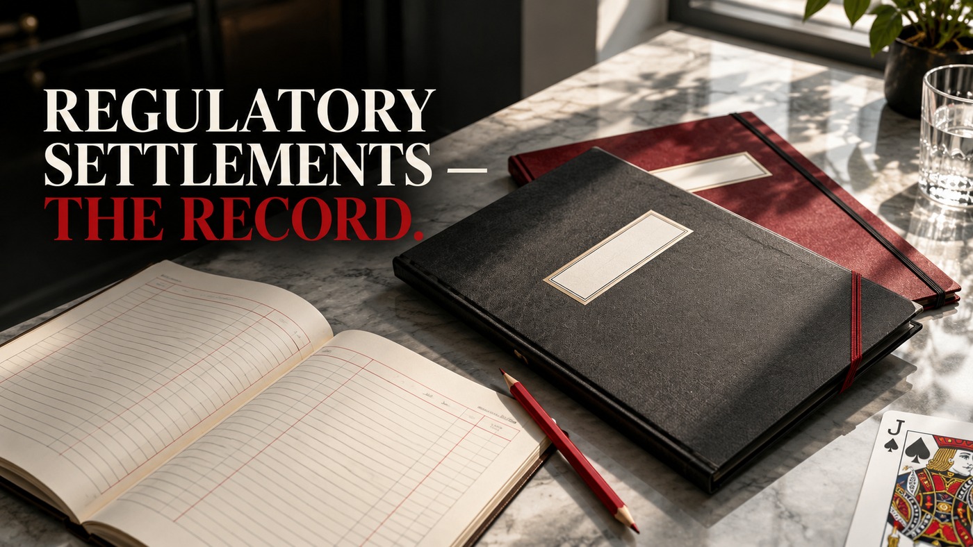 AI-generated conceptual illustration by Casino Education. People, settings and objects are illustrative; this is not a photograph of the actual named subjects, venue or event. AI-generated conceptual illustration: Two generic closed case folders, a numberless ledger and red pencil suggest separate regulatory cases; not authentic Gambling Commission case files or legal orders.