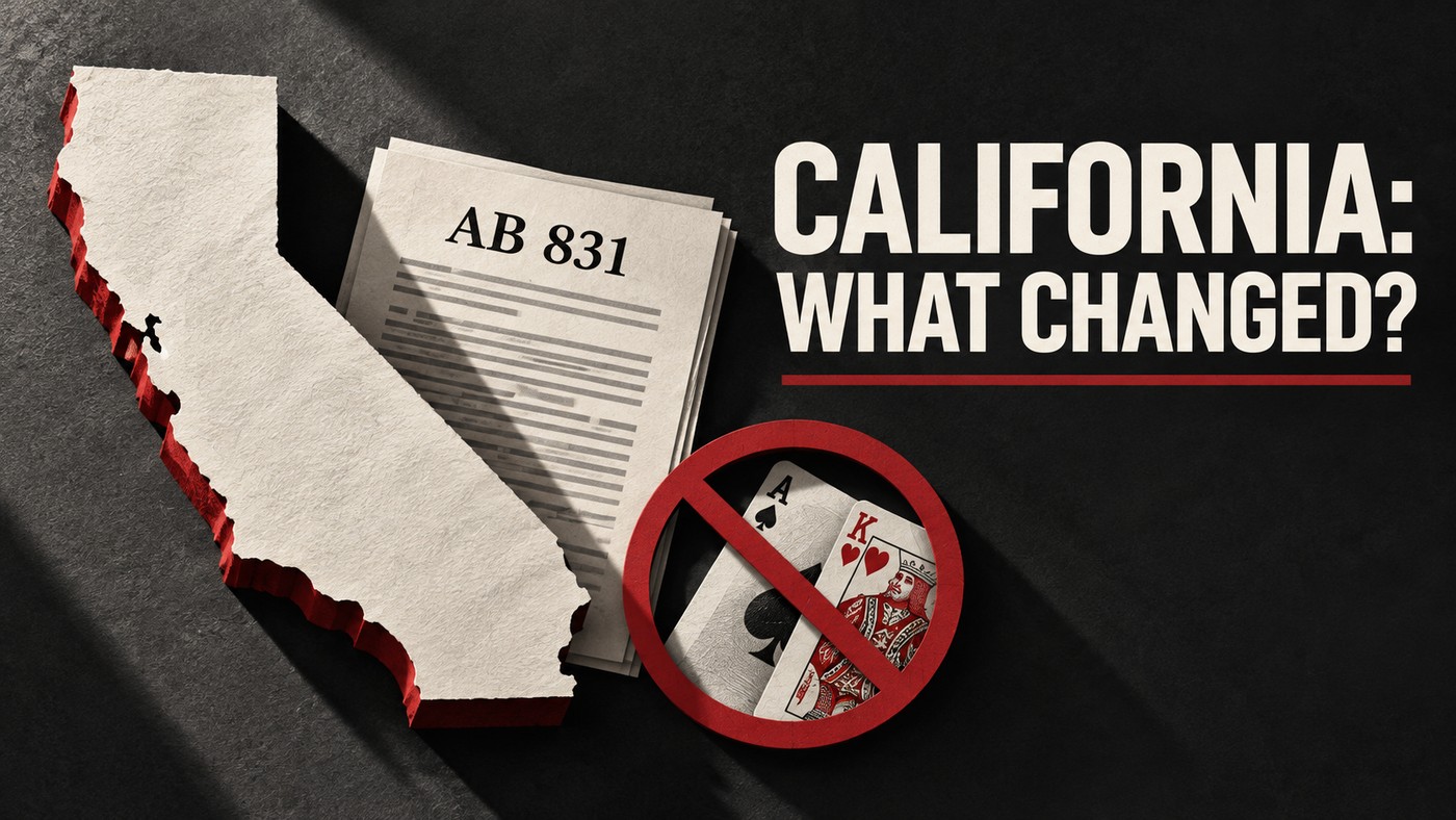 Conceptual paper illustration of California, a document marked AB 831 and a crossed-out card motif.
