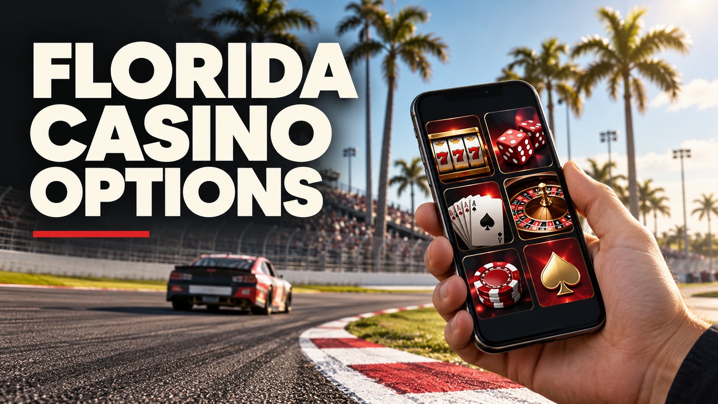Conceptual illustration of an anonymous adult holding a generic game phone beside a Florida-inspired motor-racing circuit with a distant stock car and palms; not an actual operator interface or venue.
