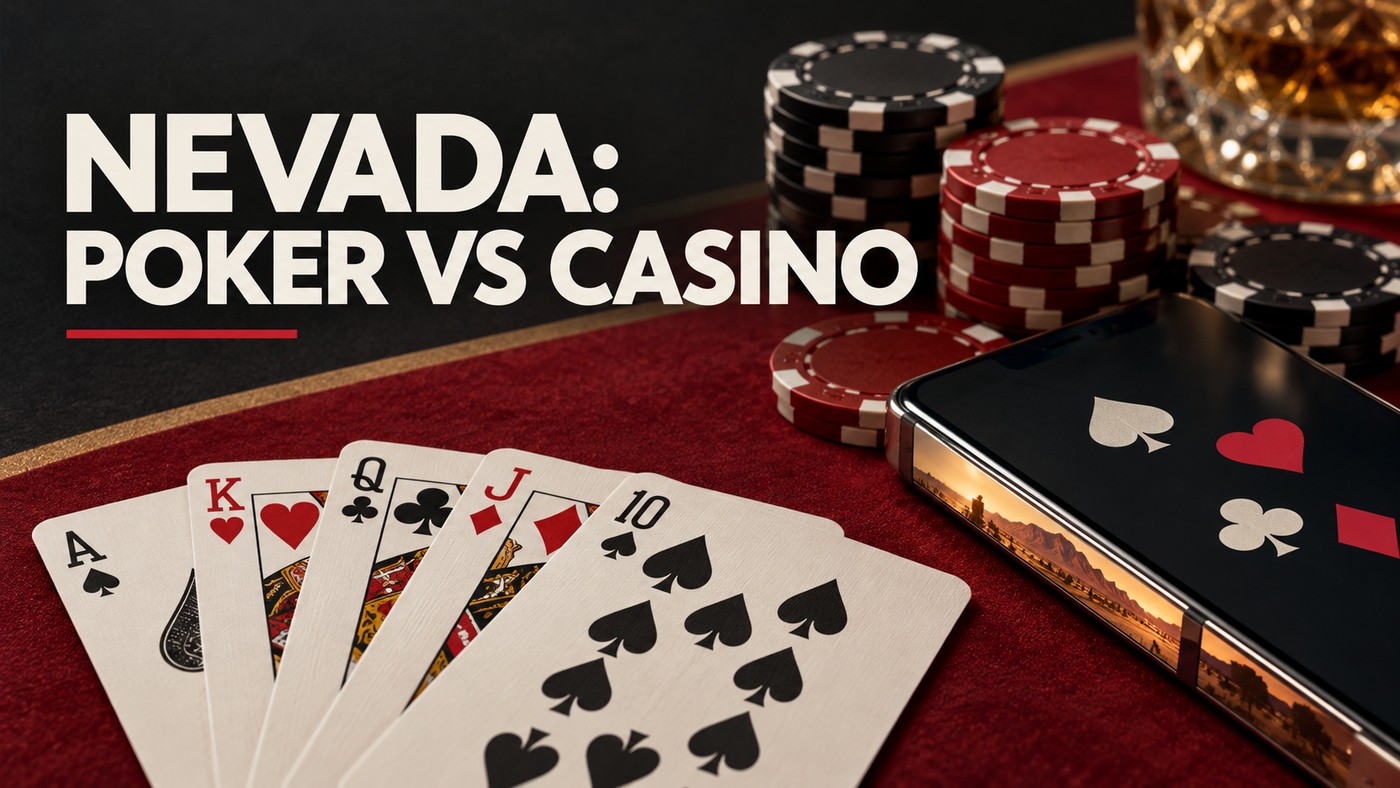 Conceptual illustration of playing cards, casino chips and a generic poker-symbol phone on deep-red felt.