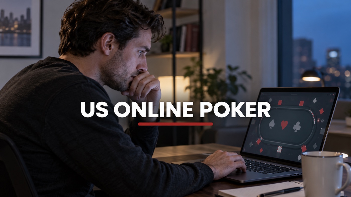 Conceptual editorial illustration: Single adult online poker player concentrating at laptop with abstract poker shapes on screen, face side-on, no readable cards or figures.