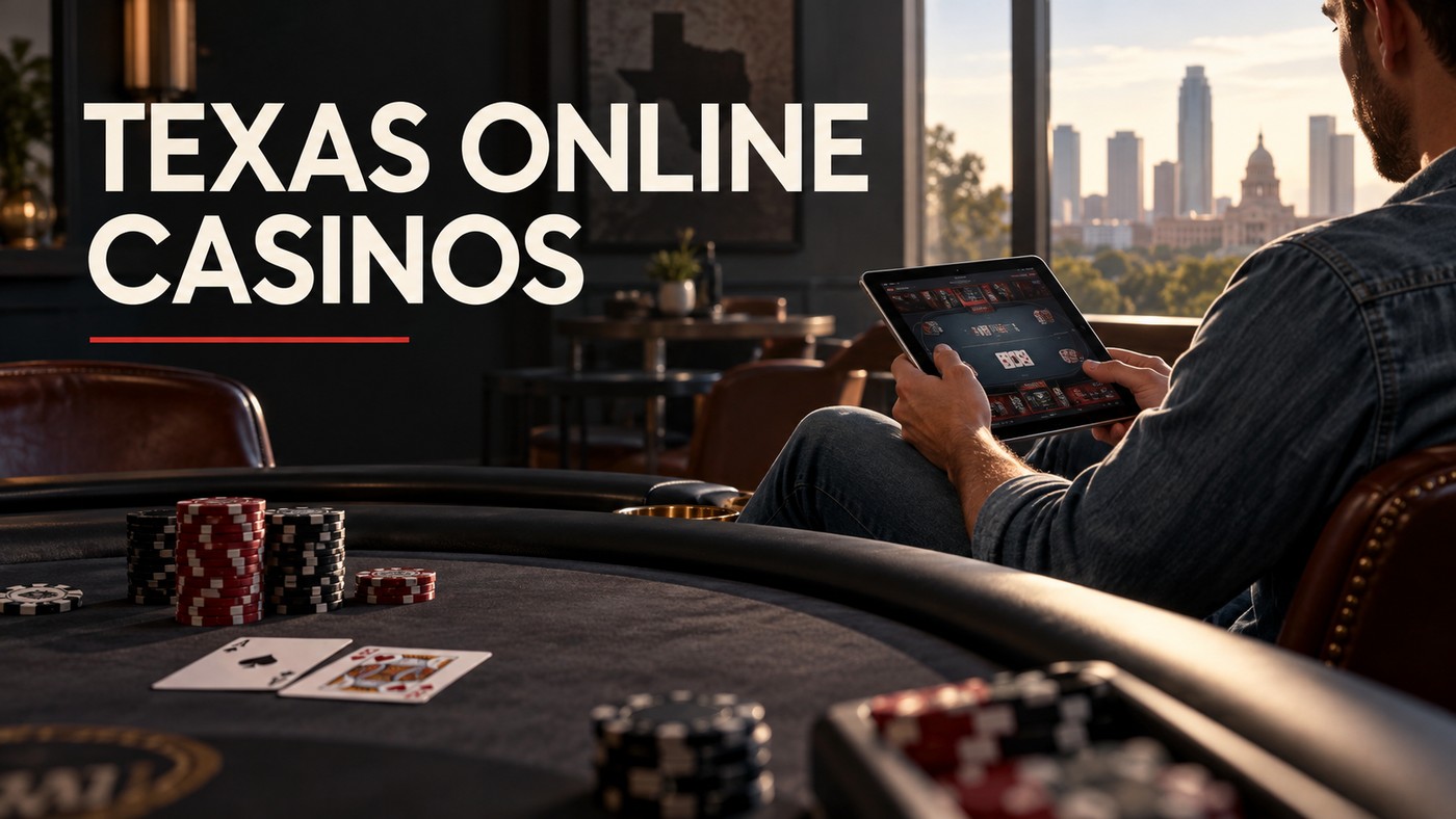 Conceptual illustration of an anonymous adult using a tablet beside a poker table, with a Texas-inspired city backdrop; not a real venue or evidence of online casino availability.