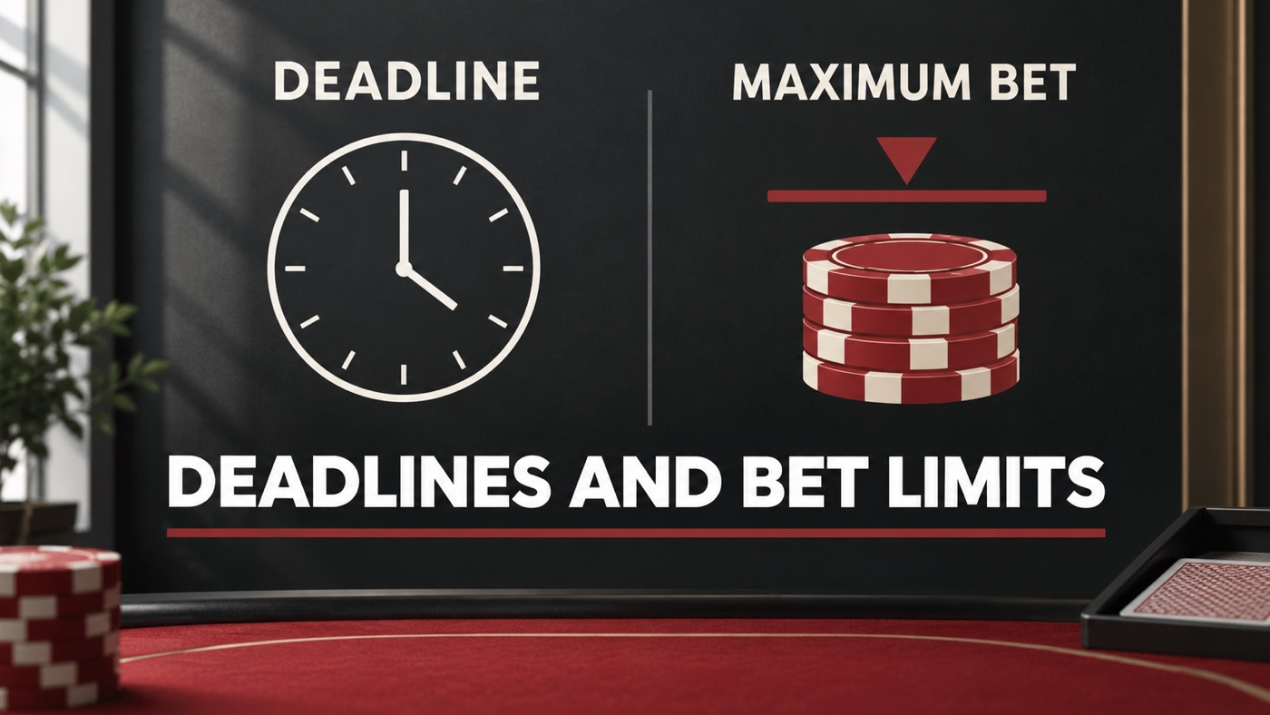 Conceptual editorial illustration: Charcoal board with exact large white labels 'DEADLINE' and 'MAXIMUM BET', a simple drawn clock and red limit marker, no invented figures.