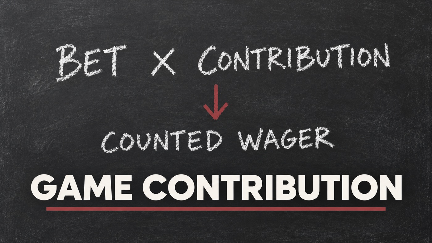 Conceptual editorial illustration: Close flat view of a charcoal teaching board with white chalk 'BET x CONTRIBUTION' and underneath 'COUNTED WAGER', a short oxblood arrow, no people.