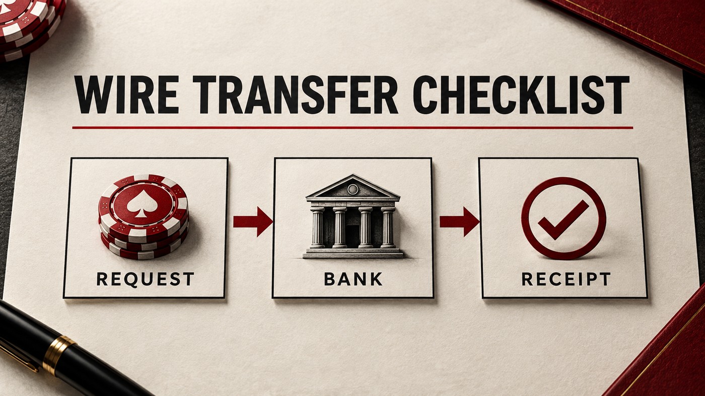 Conceptual diagram of a casino payment request moving to a bank and receipt, with no promised timing or amount.