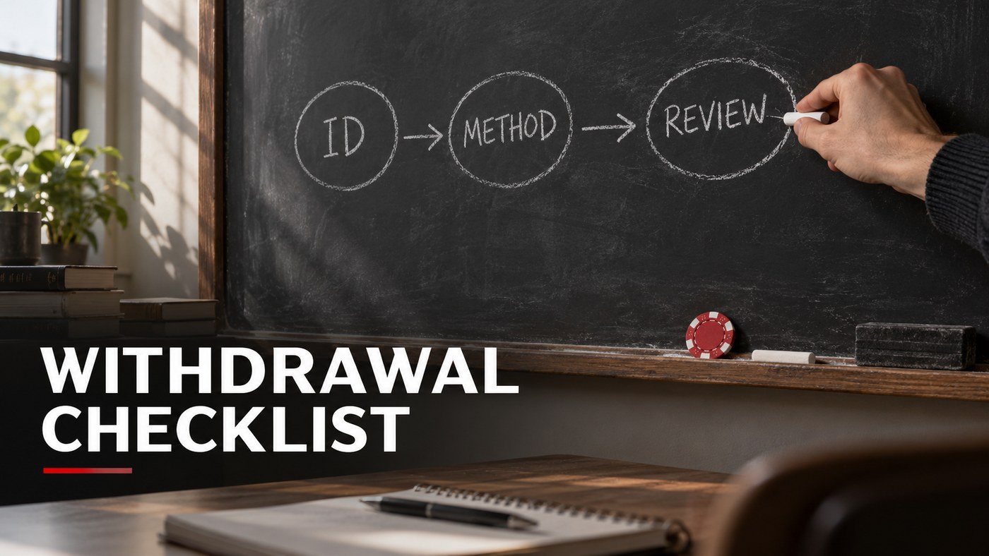 Conceptual editorial illustration: A real charcoal teaching board with three handwritten words ID → METHOD → REVIEW, a plain red casino chip on the chalk ledge, no people, side-lit natural classroom daylight, technical editorial image.