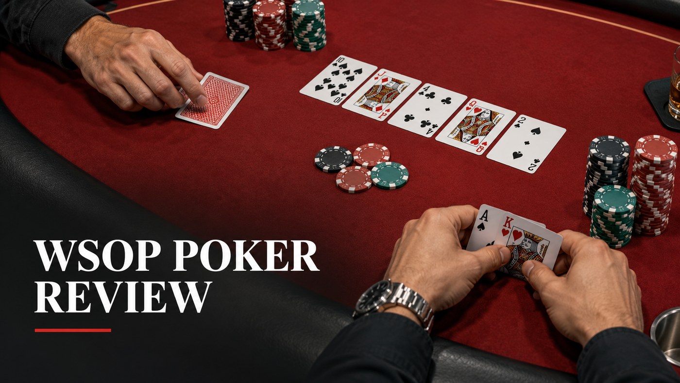 Conceptual editorial illustration: Two anonymous adult poker players' hands around a genuine plain red felt tournament table, cards and chip stacks in sharp focus, no faces required, bright neutral overhead tournament lighting, overhead oblique angle.
